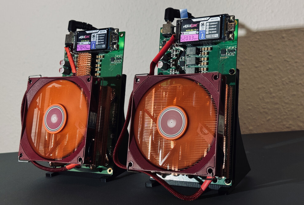 Two NERDQaxe++ with cooper cooler AXP90-X47 and AXP90-X53