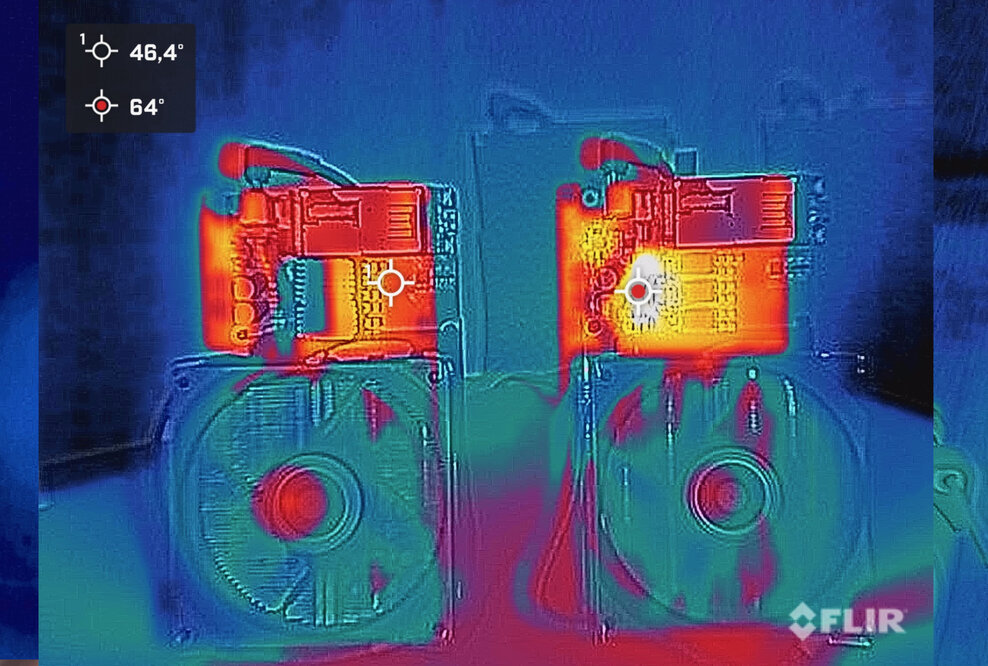 Thermal images showing hot spots on the NERDQaxe++, with copper heat sinks