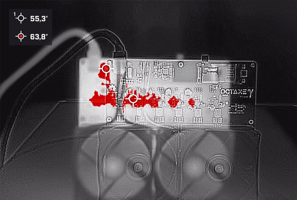 NerdOCTAXE revision 3.1 (El Ocho), thermal image with hot spots at the front.