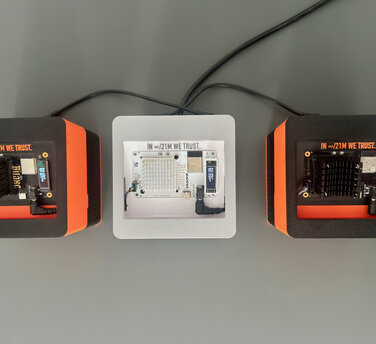 The first physical Bitaxe swarm as a daisy chain in the OC'axe